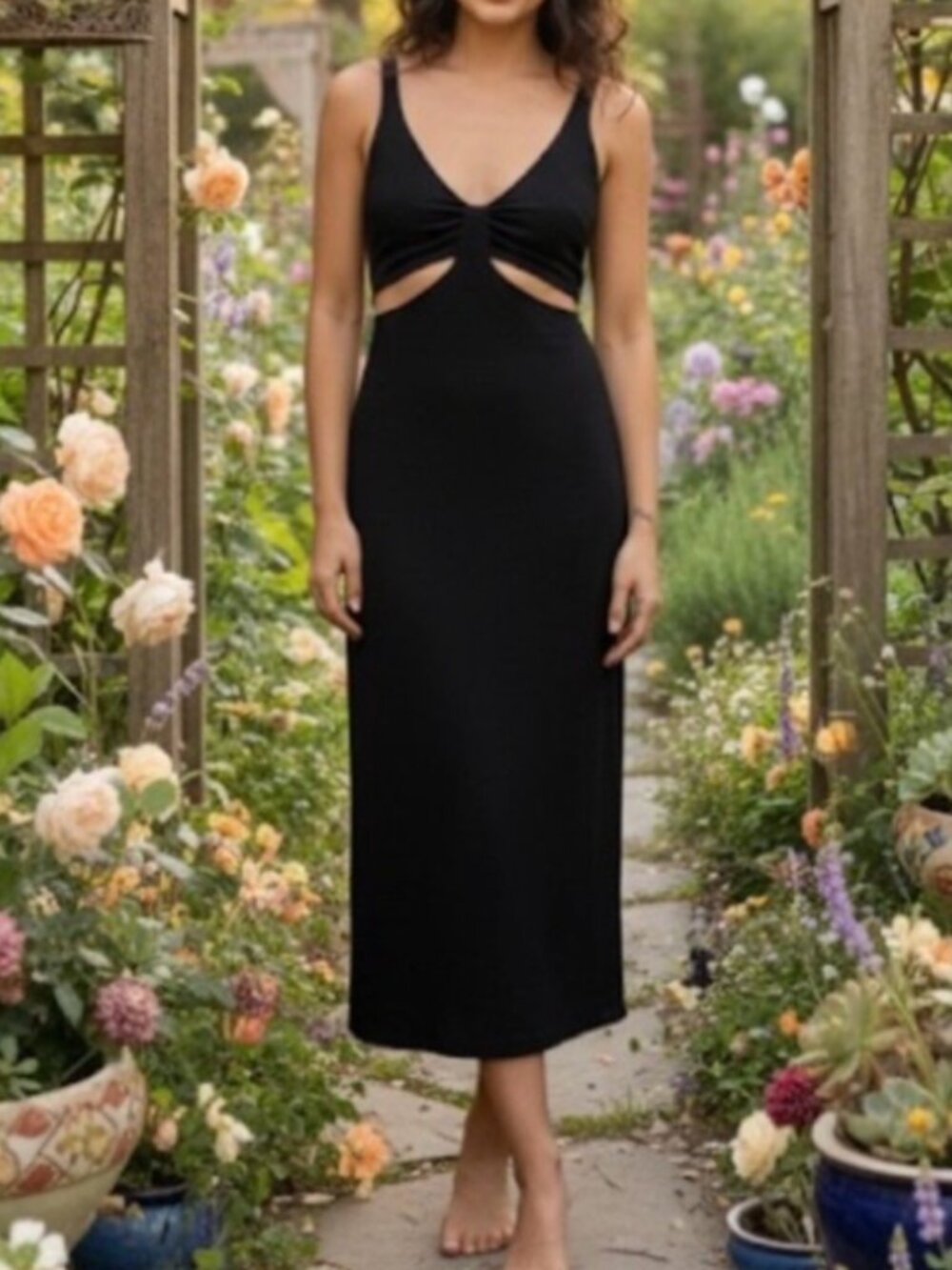 Abercrombie & Fitch Black Midi Dress with Front Cutouts